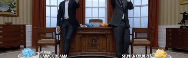 Stephen Colbert challenges Barack Obama to a tense wastepaper basketball rematch
