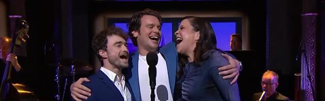 Daniel Radcliffe, Jonathan Groff, and Lindsay Mendez have a ball singing on 'The Late Show'