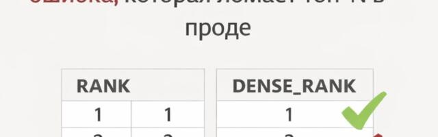 RANK() vs DENSE_RANK(): ошибка, которая ломает топ-N в проде