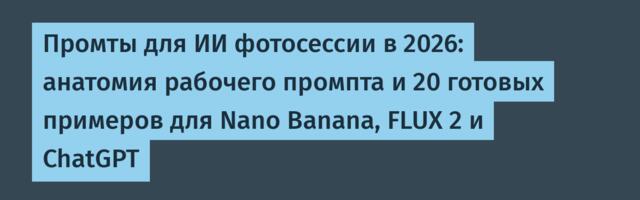 Промты для ИИ фотосессии в 2026: анатомия рабочего промпта и 20 готовых примеров для Nano Banana, FLUX 2 и ChatGPT