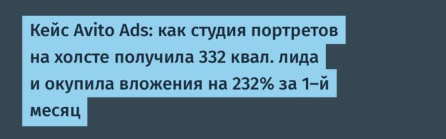 Кейс Avito Ads: как студия портретов на холсте получила 332 квал. лида и окупила вложения на 232% за 1-й месяц
