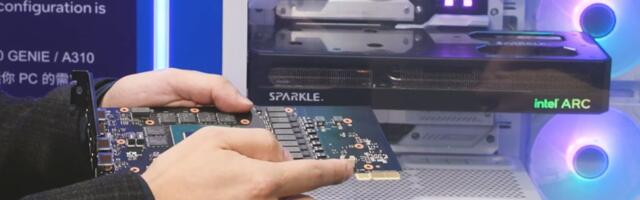 Intel Arc GPUs shown in all flavors — BTF design with hidden connectors, blower-type coolers, and liquid-cooled GPUs