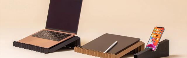 Laptop stand created from a single sheet of recycled paper supports up to 10 pounds — the included cardboard case also serves as a phone stand