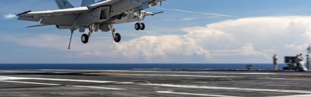 With a boom and sparks, this $60 million Navy jet's carrier landing unraveled in seconds
