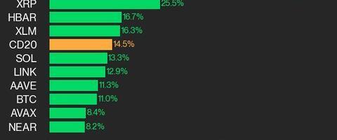 CoinDesk 20 Performance Update: Cardano (ADA) Surges 58.8% as Nearly All Assets Rise