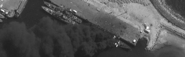 Satellite images show an Iranian warship burning pierside after US and Israeli strikes