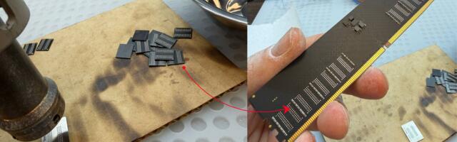 Modder saves $130 by building 32GB DDR5 desktop DIMMs from scavenged laptop memory —  donor modules soldered to bare PCB flashed with custom firmware even run XMP