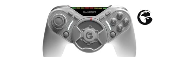 This game controller has a force feedback steering wheel lodged in the middle