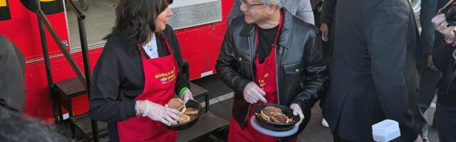 Nvidia CEO stops by Denny's food truck to eat and serve Nvidia Breakfast Bytes before GTC 2025