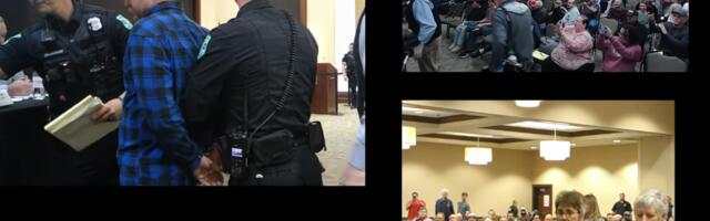 Oklahoma farmer arrested and jailed for trespassing during AI data center town hall — removed by officers after going a few seconds over allotted speaking time, trying to hand paperwork to counselors