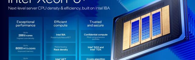 Intel Xeon 6+ ‘Clearwater Forest’ puts 18A in the data center with up to 288 cores, 576 MB of L3 cache — new Xeon 6990E+ is 30% faster per thread than 192-core AMD Epyc 9965, says Intel
