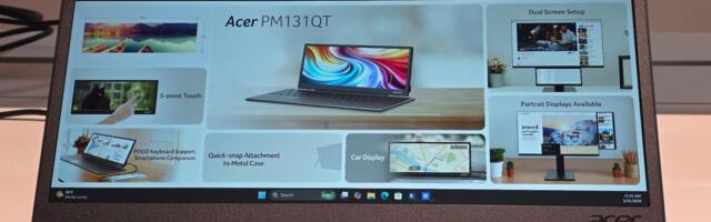 Acer’s PM131QT portable monitor is a 12.3-inch touchscreen with magnetic mounting, a built-in kickstand, and 5-point touch – 1920 x 720 IPS screen has pogo pins for a keyboard, and is designed for secondary and “in-vehicle” use