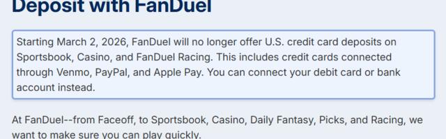 FanDuel to halt credit card deposits nationwide on March 2
