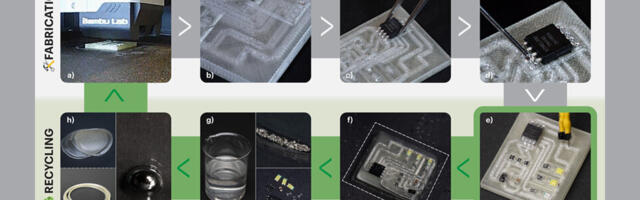 3D-printed PCB made with PVA and liquid metal is fully recyclable — dissolves and separates when immersed in water, allowing for later re-use