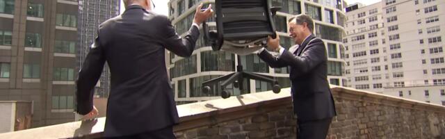 Stephen Colbert and David Letterman throwing CBS furniture off the roof is glorious viewing