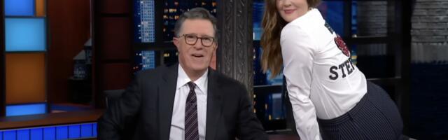 Drew Barrymores interview with Stephen Colbert ends with dancing on The Late Show desk