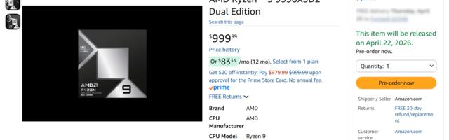 AMD Ryzen 9 9950X3D2 appears on Amazon with $1,000 pre-order price — AMD confirms recommended pricing is still set at $899