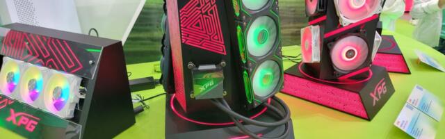 Adata shows off hybrid air/water cooling tower at Computex — new PSUs and PCIe 5.0 SSDs also on deck