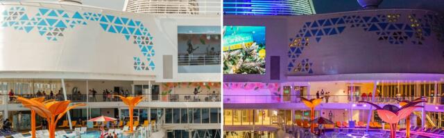 10 side-by-side photos show how a Royal Caribbean cruise ship transforms with colorful lights at night