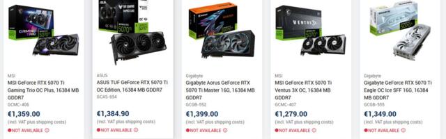 RTX 5070 Ti listings appear on US and EU retailers, some at nearly double the MSRP