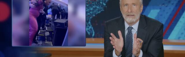 Jon Stewart reacts to the chaos at the White House Correspondents Dinner