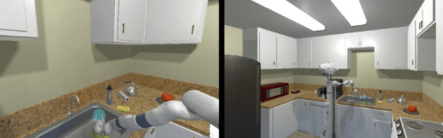 This virtual training suite trains a robotic arm to move objects in complex scenarios